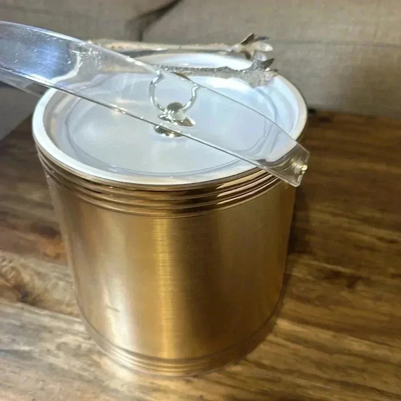 Vintage Ice Bucket Mid Century Modern MCM Copper/Gold w Ice Tongs Made in USA - Picture 4 of 10